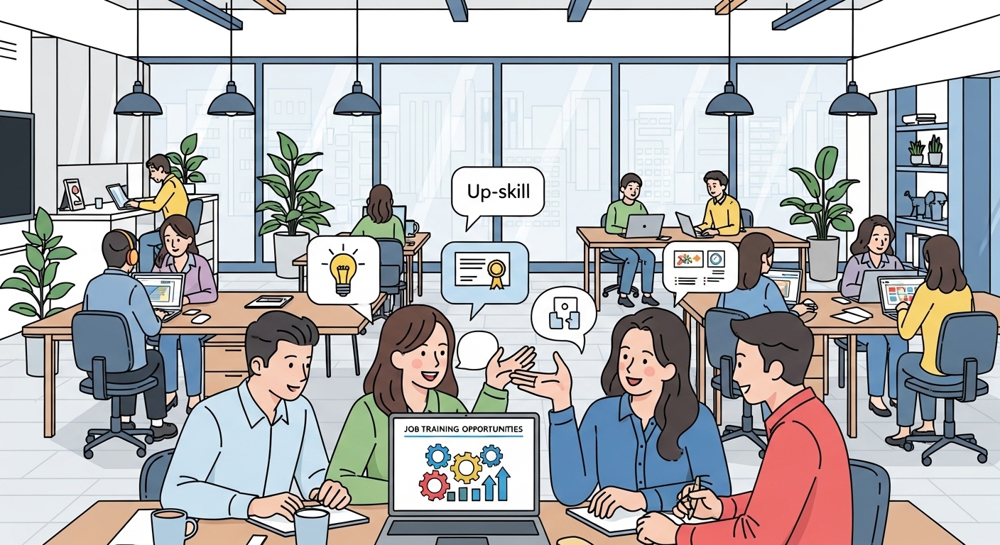 현대적인 공동 작업 공간에서 노트북을 사용하며 직업 훈련 기회를 논의하는 직장인과 프리랜서들