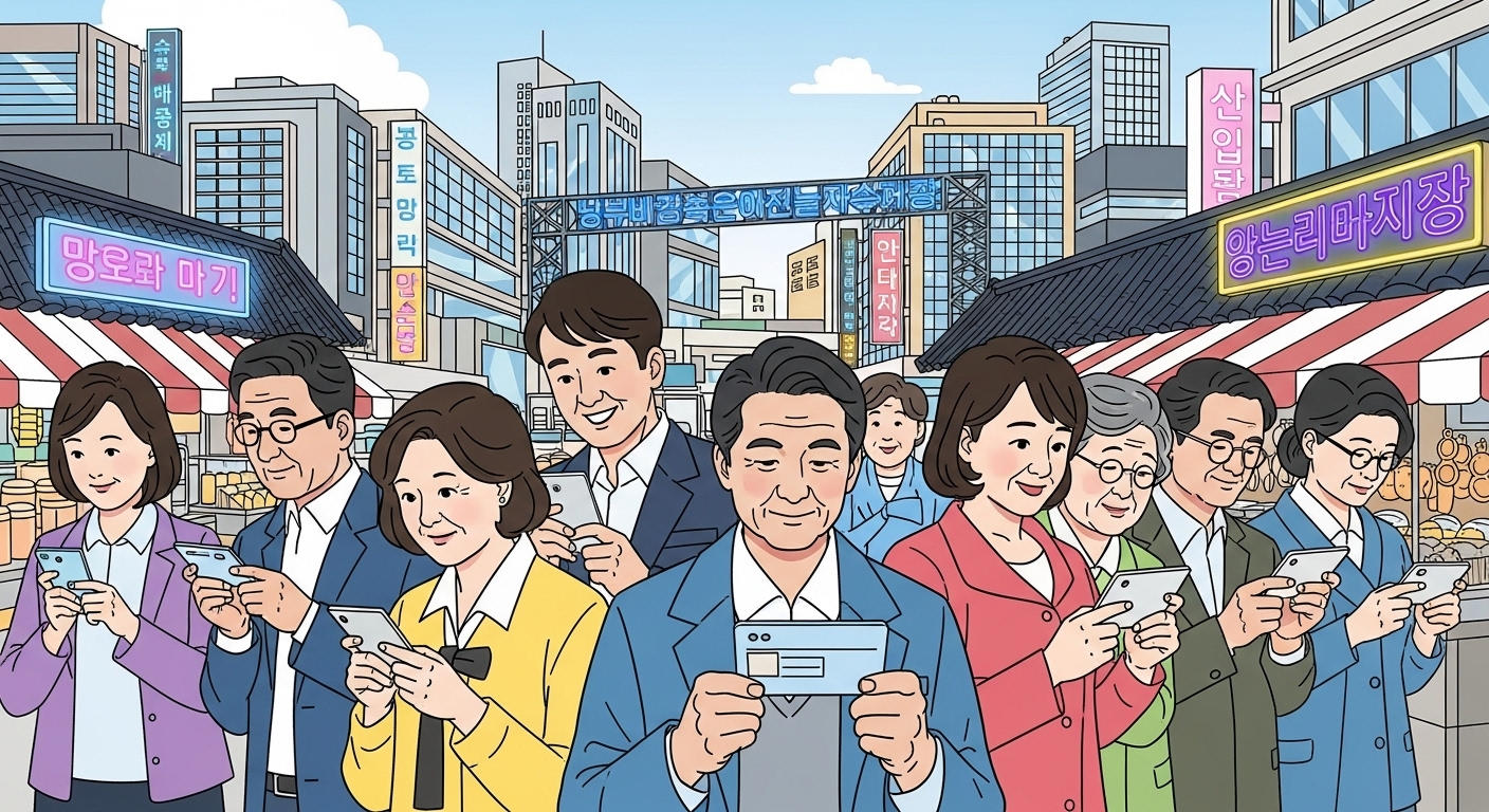 스마트폰으로 내일배움카드 자격을 확인하는 다양한 연령대의 사람들