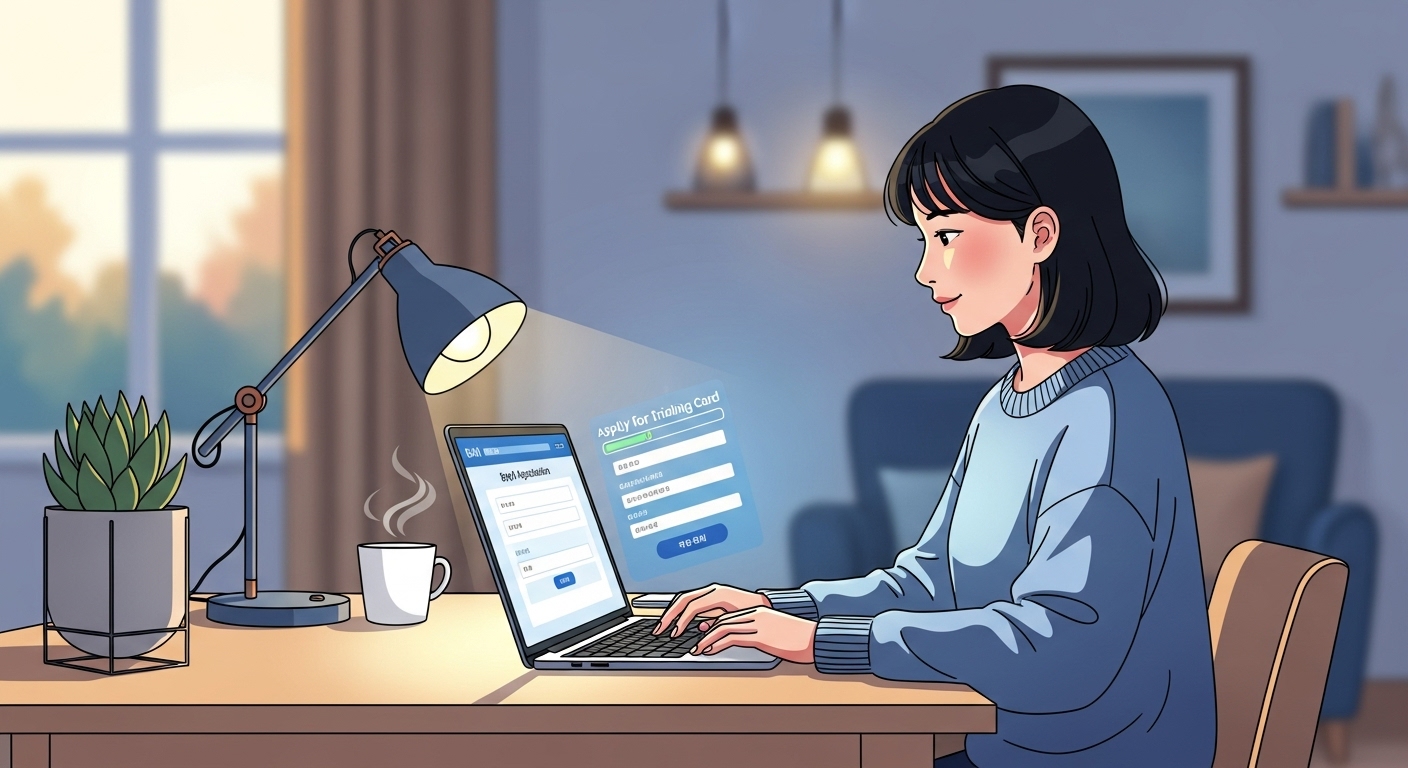 집에서 노트북으로 내일배움카드를 신청하는 젊은 여성의 모습