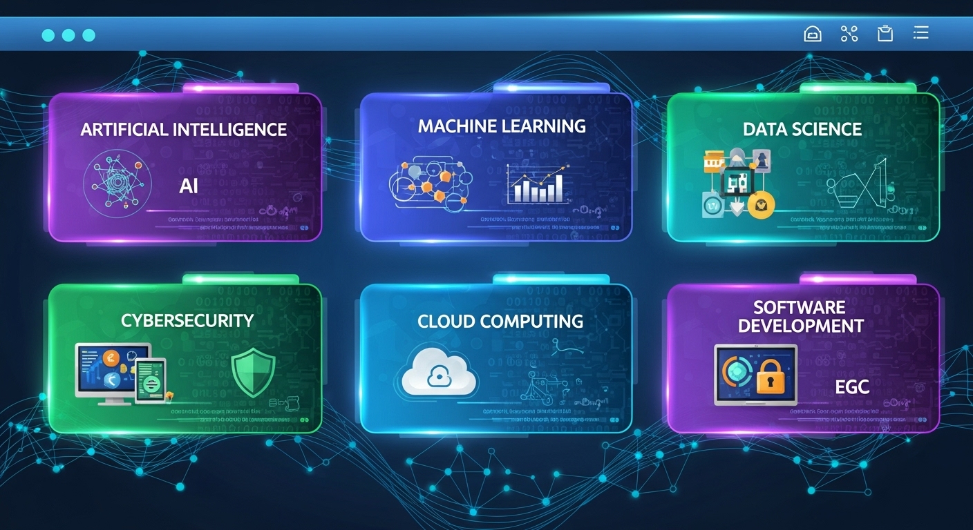 디지털 인터페이스에 표시된 다양한 교육 과정 옵션들 및 AI와 IT 테마의 미래 지향적 그래픽