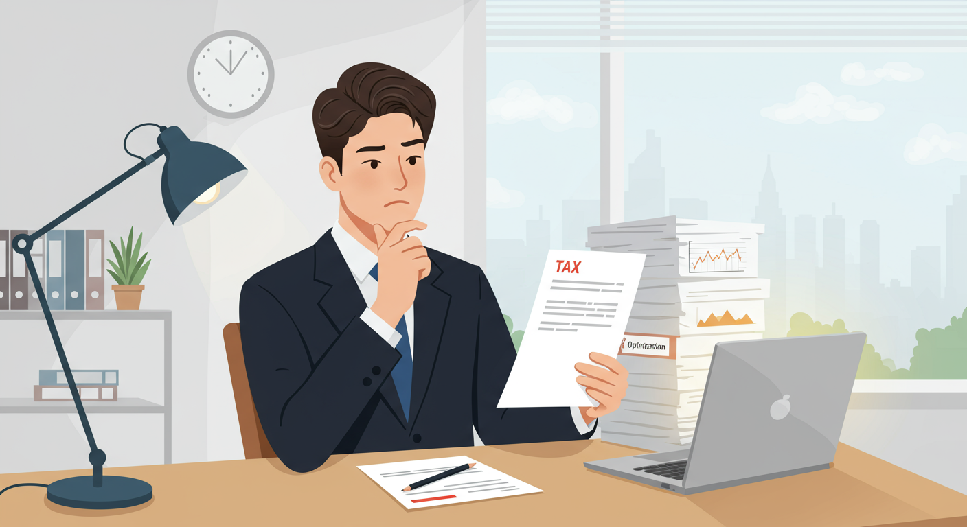 세무 서류와 노트북이 있는 사무실에서 생각에 잠긴 사업가