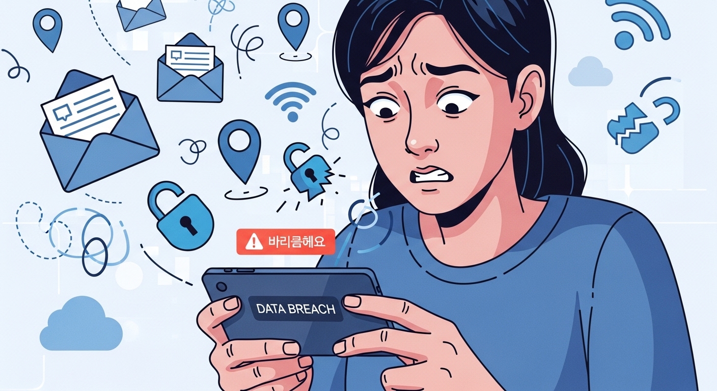 한 소비자가 스마트폰을 보며 걱정하는 모습과 주변에 이메일 및 위치 아이콘이 있는 데이터 침해 상황