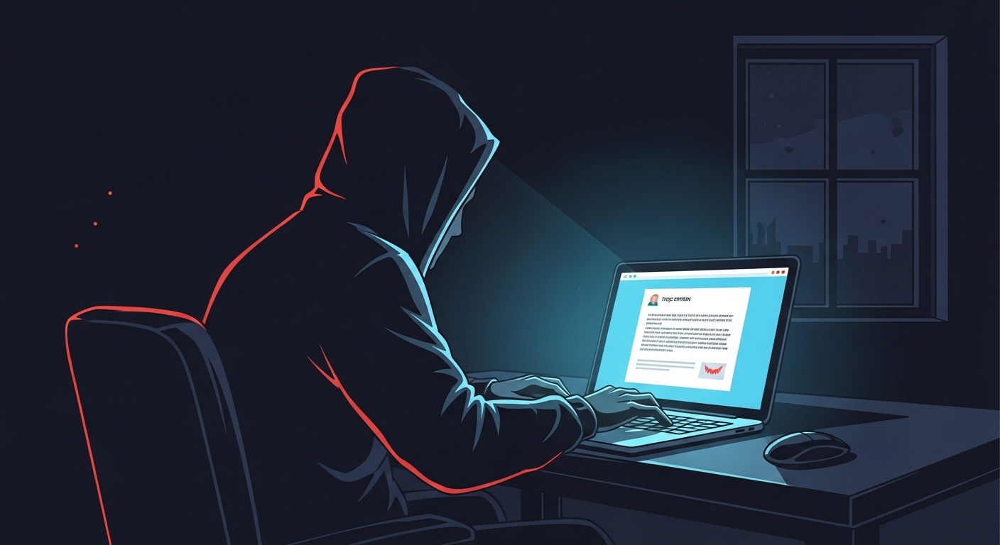 어둠 속에서 노트북으로 이메일을 보내는 신비로운 인물의 모습