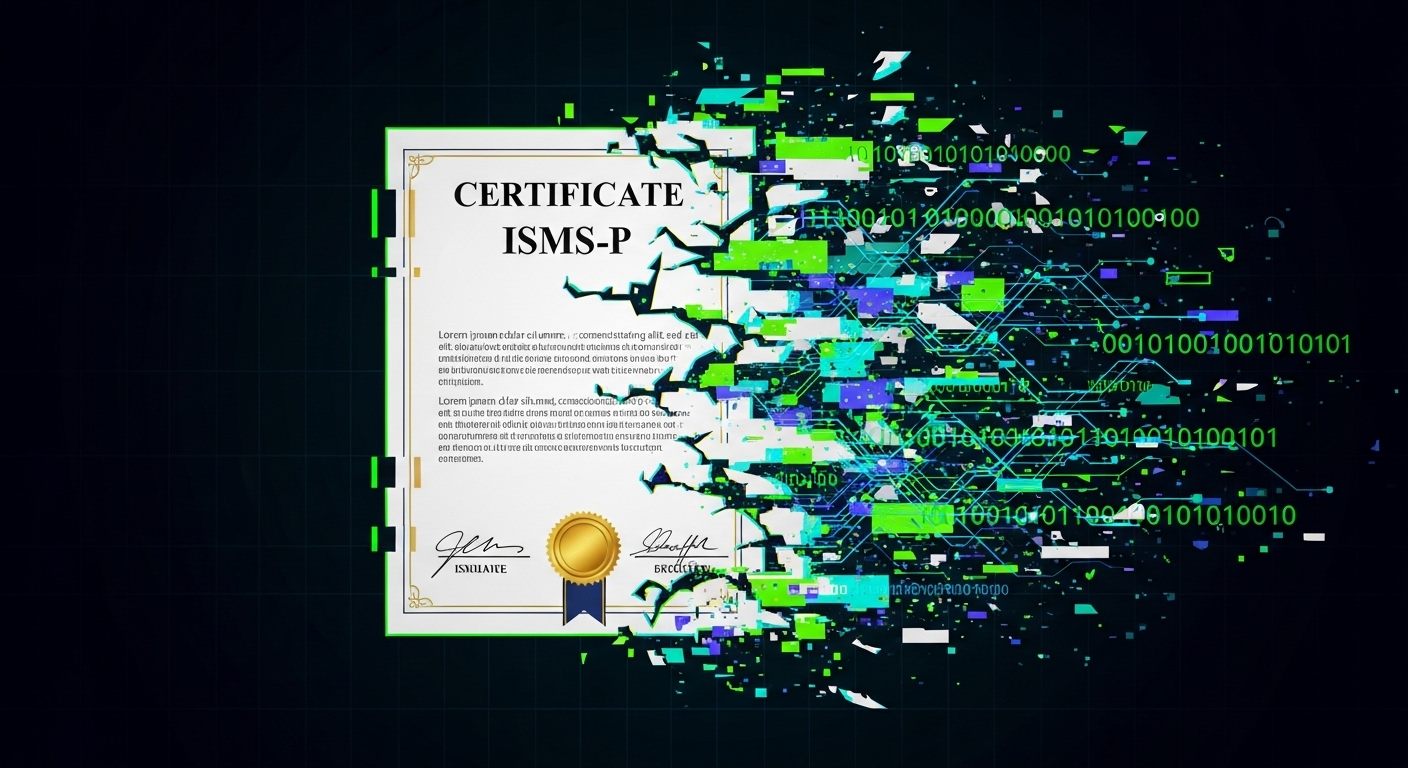 ISMS-P 인증서가 디지털 코드에 의해 찢어지는 장면을 묘사한 그림