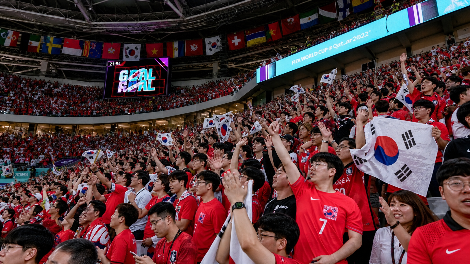 다양한 국제 국기가 휘날리고 한국 축구 팬들이 환호하는 현대적인 축구 경기장의 모습