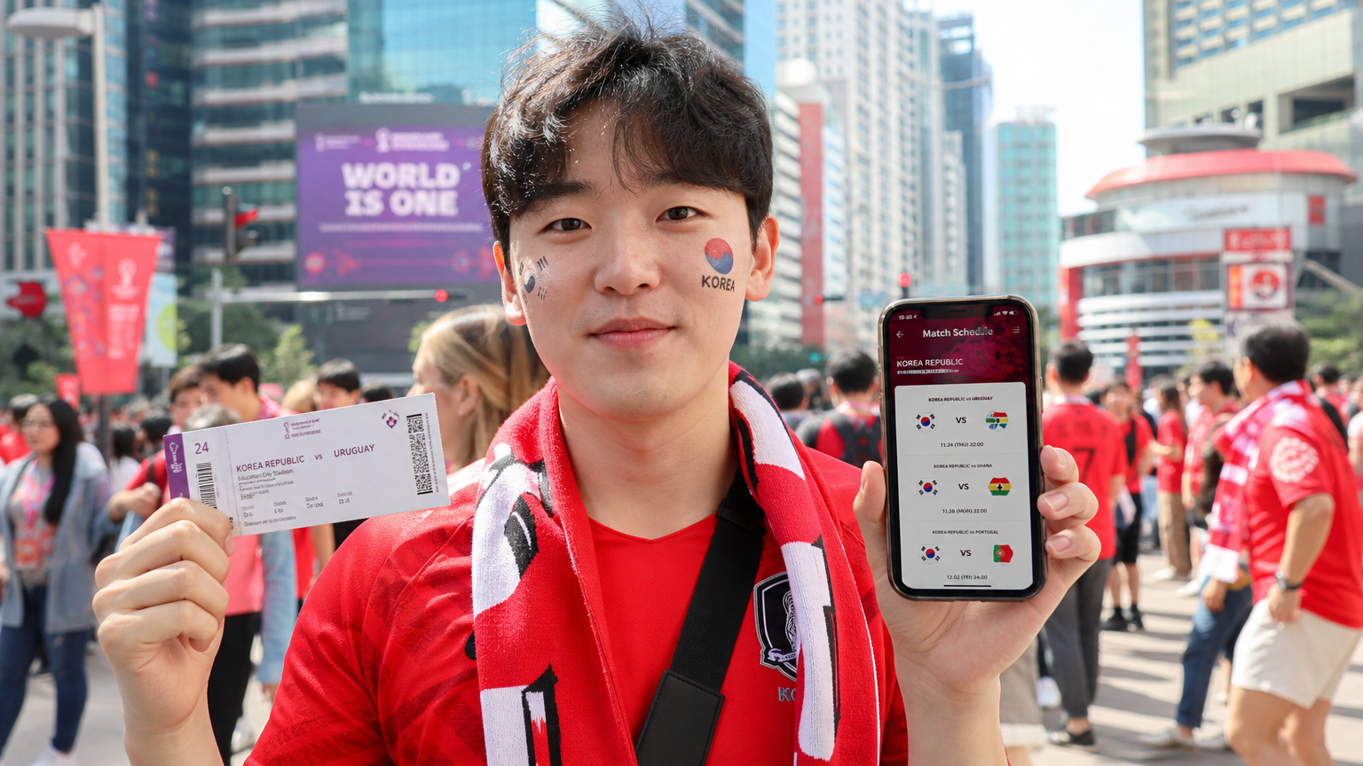 월드컵 시즌 중 도시 풍경 속에서 경기 일정 앱을 보는 한국 축구 팬의 모습
