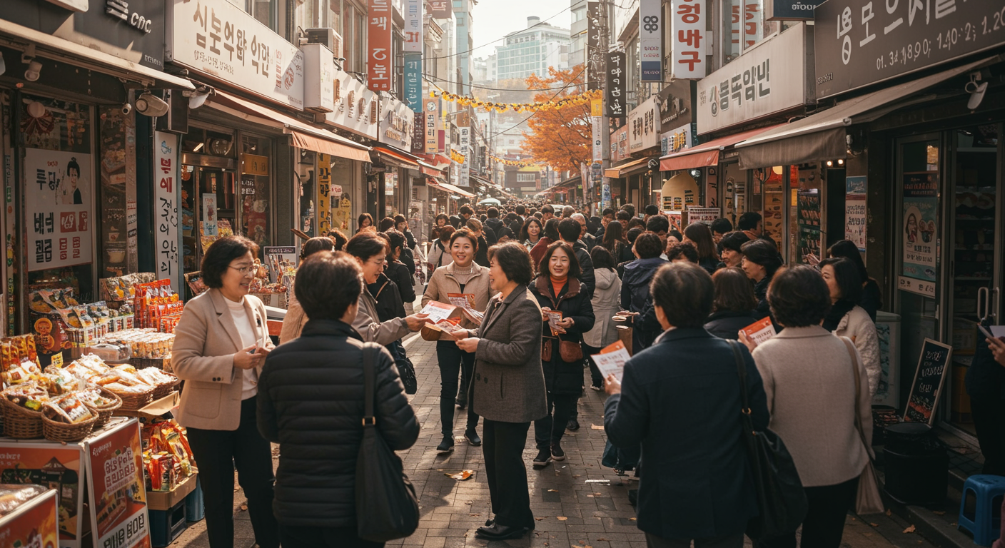 한국 시민들이 가을 도심에서 정부 발행 쿠폰을 받는 활기찬 거리 풍경