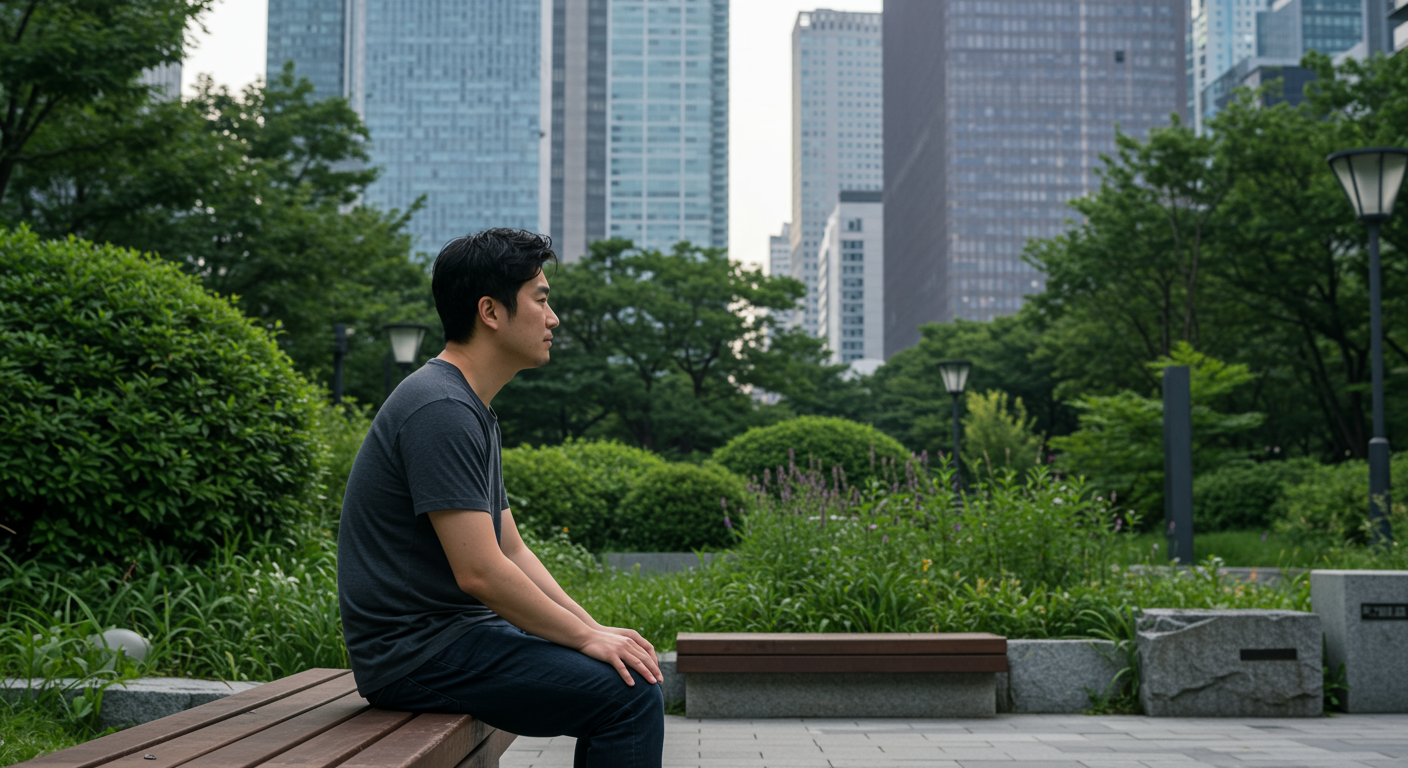 서울 도심 공원에서 삶의 본질을 고민하는 현대적인 개인의 모습