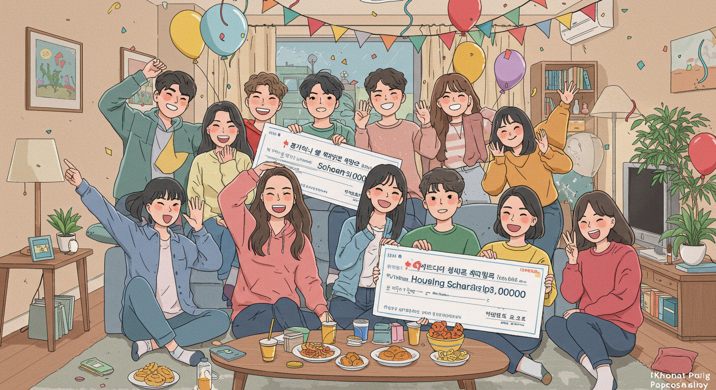 아파트 거실에서 장학금을 받으며 기뻐하는 학생들 모습