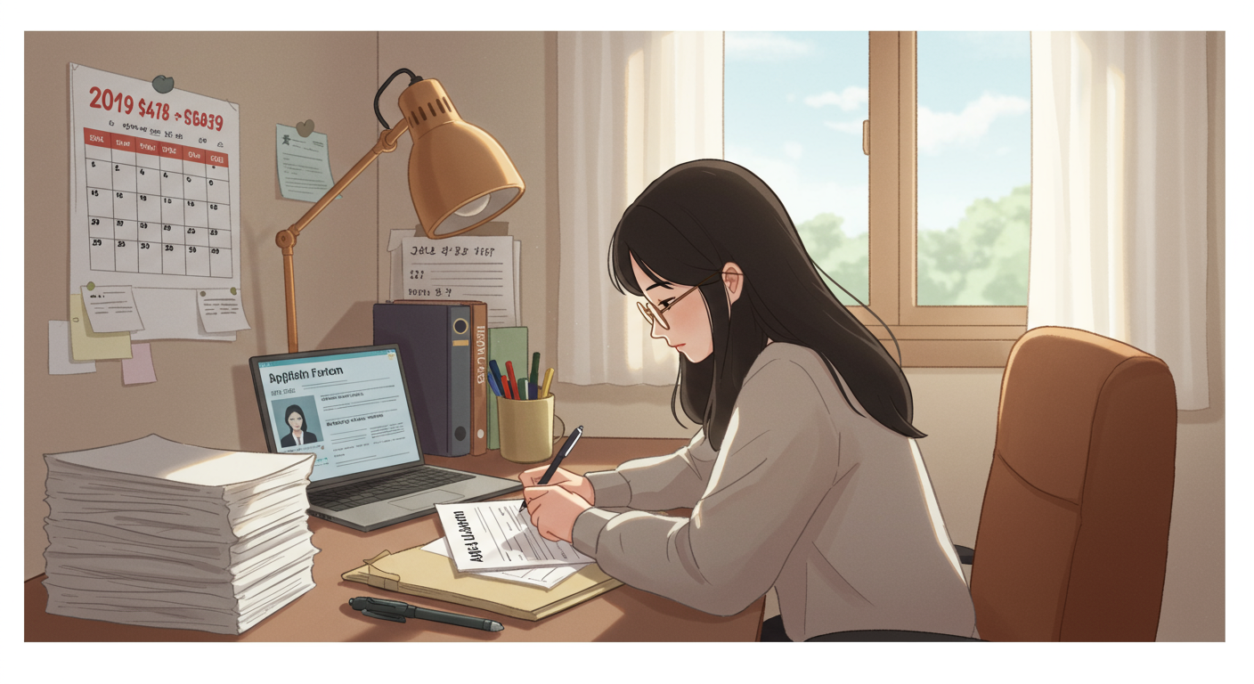 책상에서 장학금 서류를 작성하는 학생의 모습