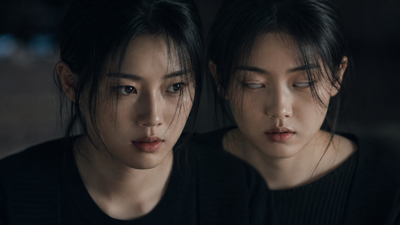 어두운 배경 속 쌍둥이 자매 역을 소화하는 한국 여배우의 눈빛 표현