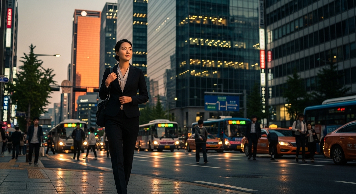 서울의 바쁜 거리에서 여유롭게 걸으며 자신의 길을 가고 있는 현대적인 직장인 모습