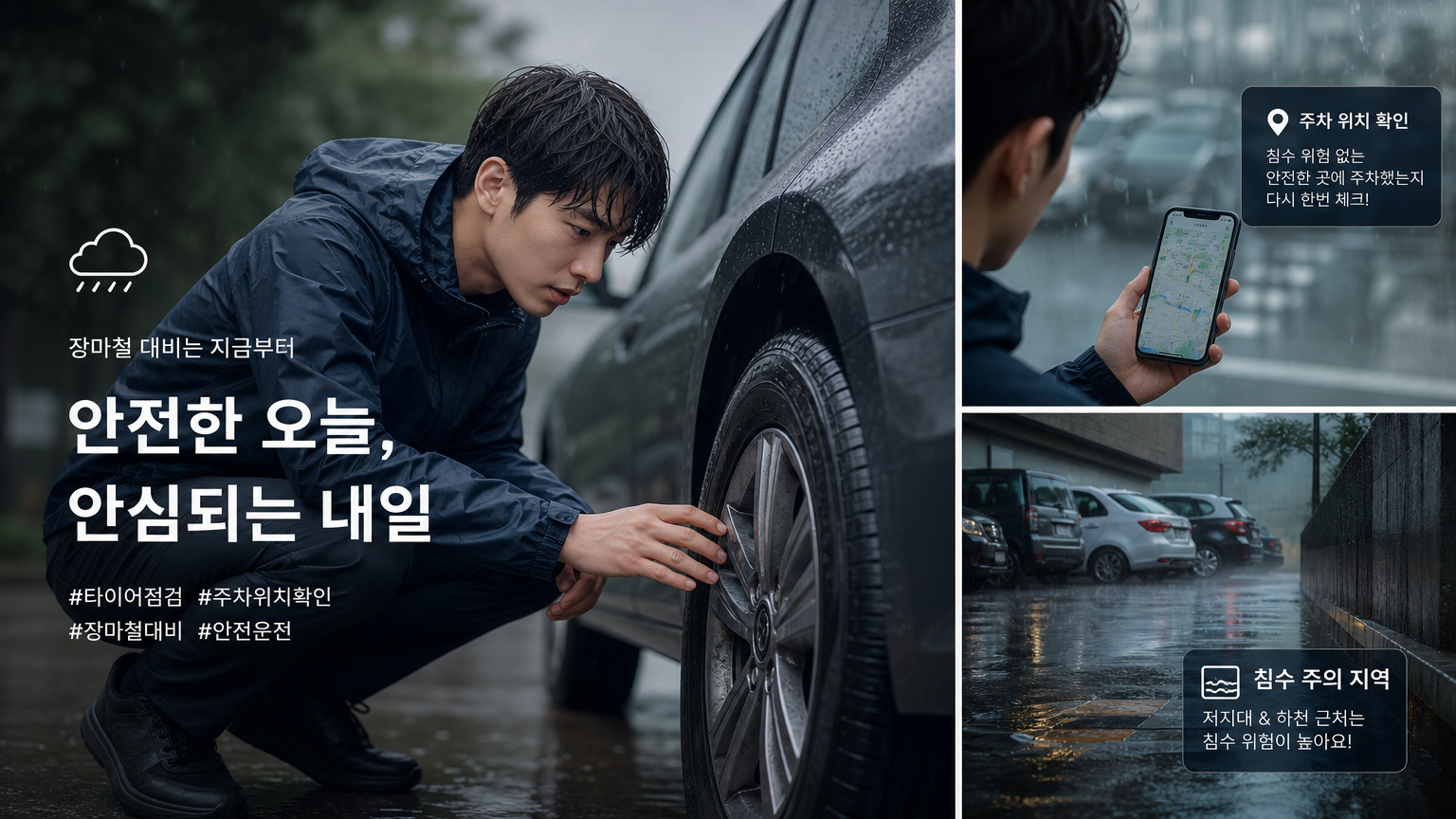 폭우 대비 중 자동차 타이어를 점검하고 주차 위치를 확인하는 남성의 모습