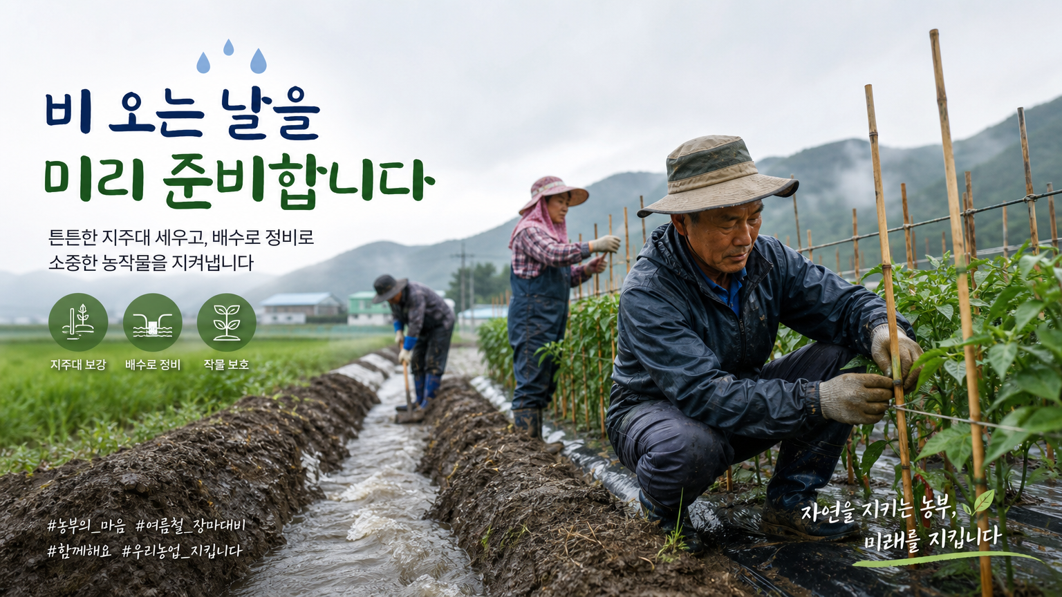 한국 농부들이 폭우에 대비하여 작물을 고정하고 배수 시스템을 관리하는 모습