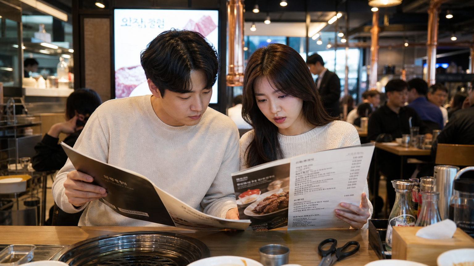 바쁜 레스토랑 환경에서 메뉴와 가격표를 살펴보는 현대적인 한국 커플