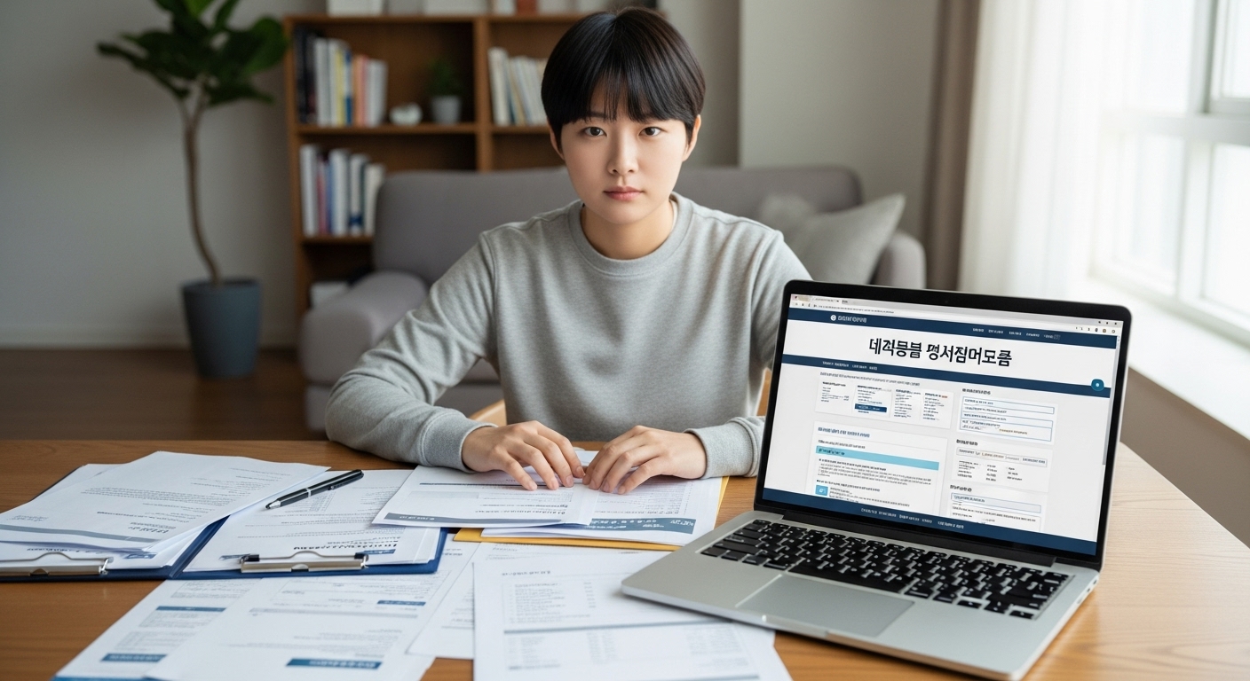책상에서 취업 준비를 하는 젊은 성인의 모습
