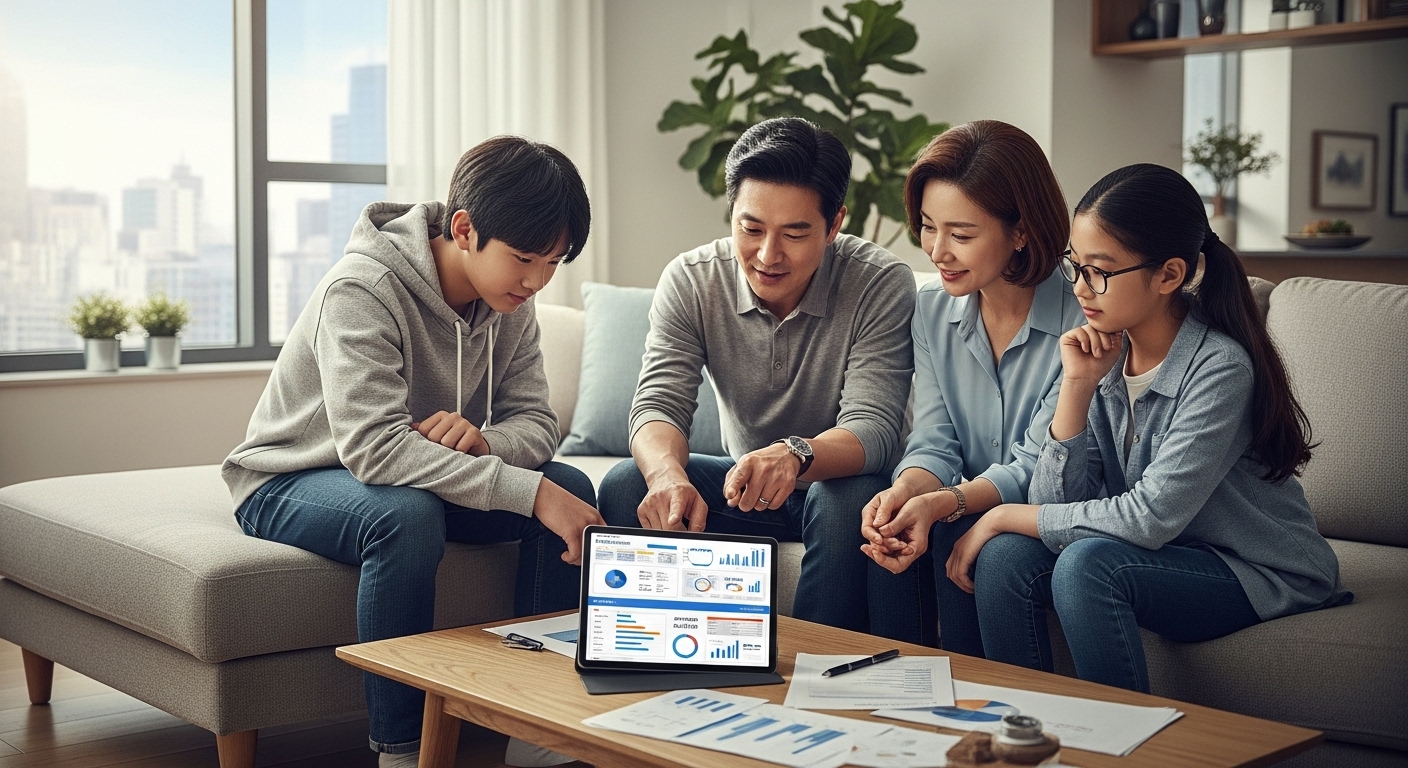 거실에서 태블릿으로 재정 관련 문서를 검토하는 가족