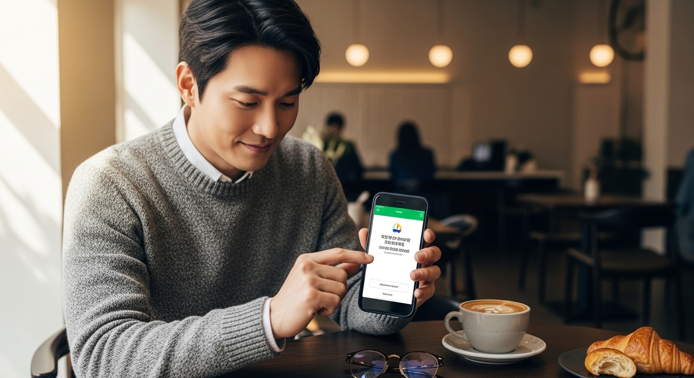 카페에서 스마트폰으로 지원금 입금 알림을 받는 남성