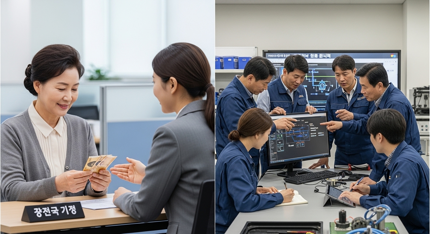 현금 지원을 받는 여성과 직업 훈련에 참여하는 사람들의 이중 장면