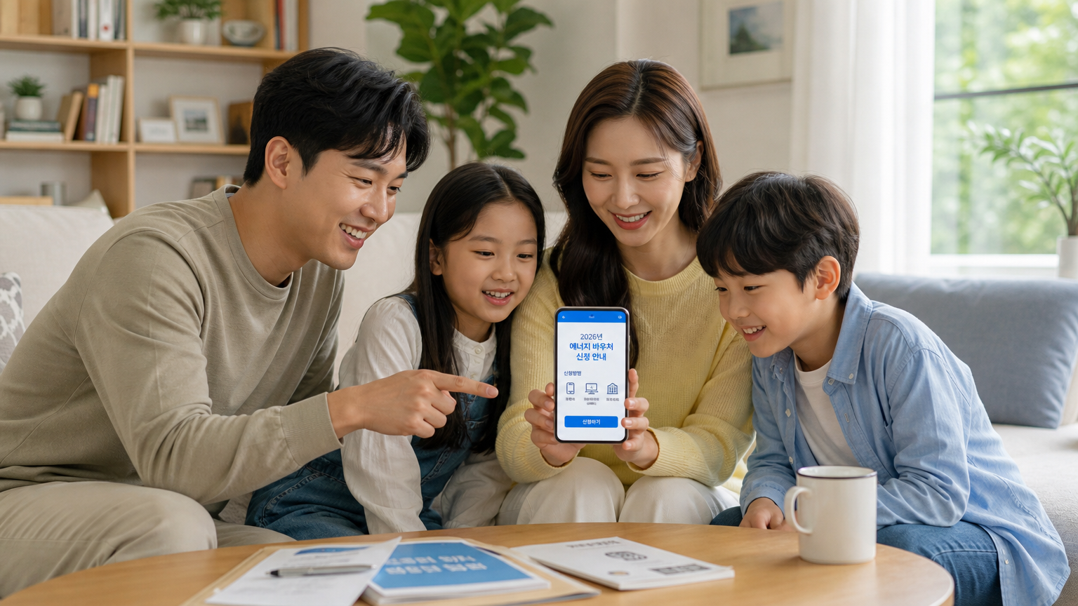 현대적인 가정에서 스마트폰으로 2026년 에너지바우처 신청 방법을 확인하는 가족의 모습
