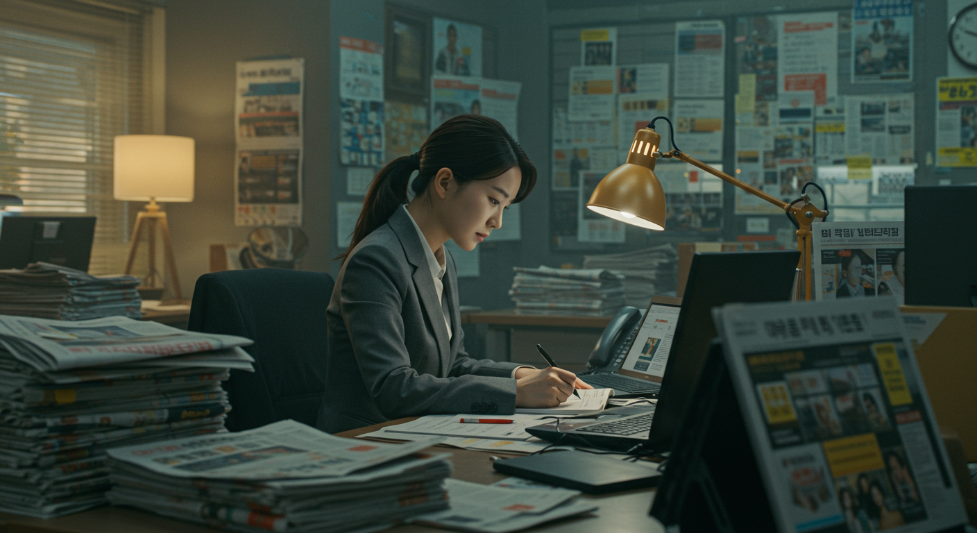 현대적인 한국 언론인이 분주한 뉴스룸에서 기사를 작성하는 모습