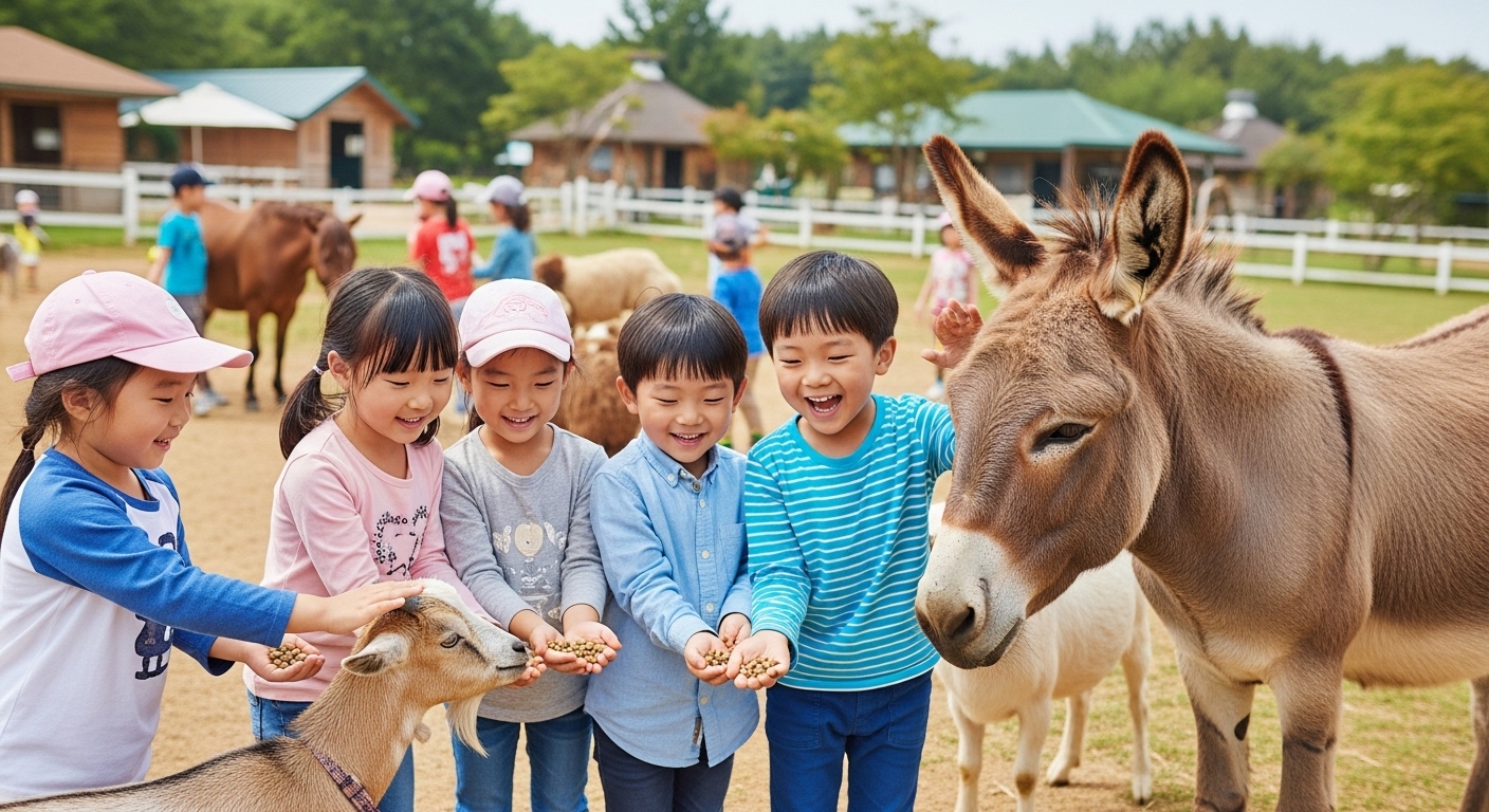 다양한 농장 동물들에게 먹이를 주고 만지며 미소 짓는 아이들