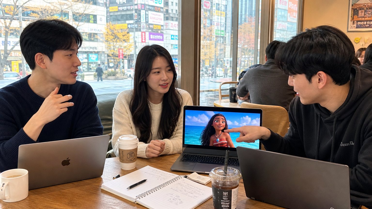젊은 한국인들이 카페에서 '모아나'에 대해 토론하는 모습