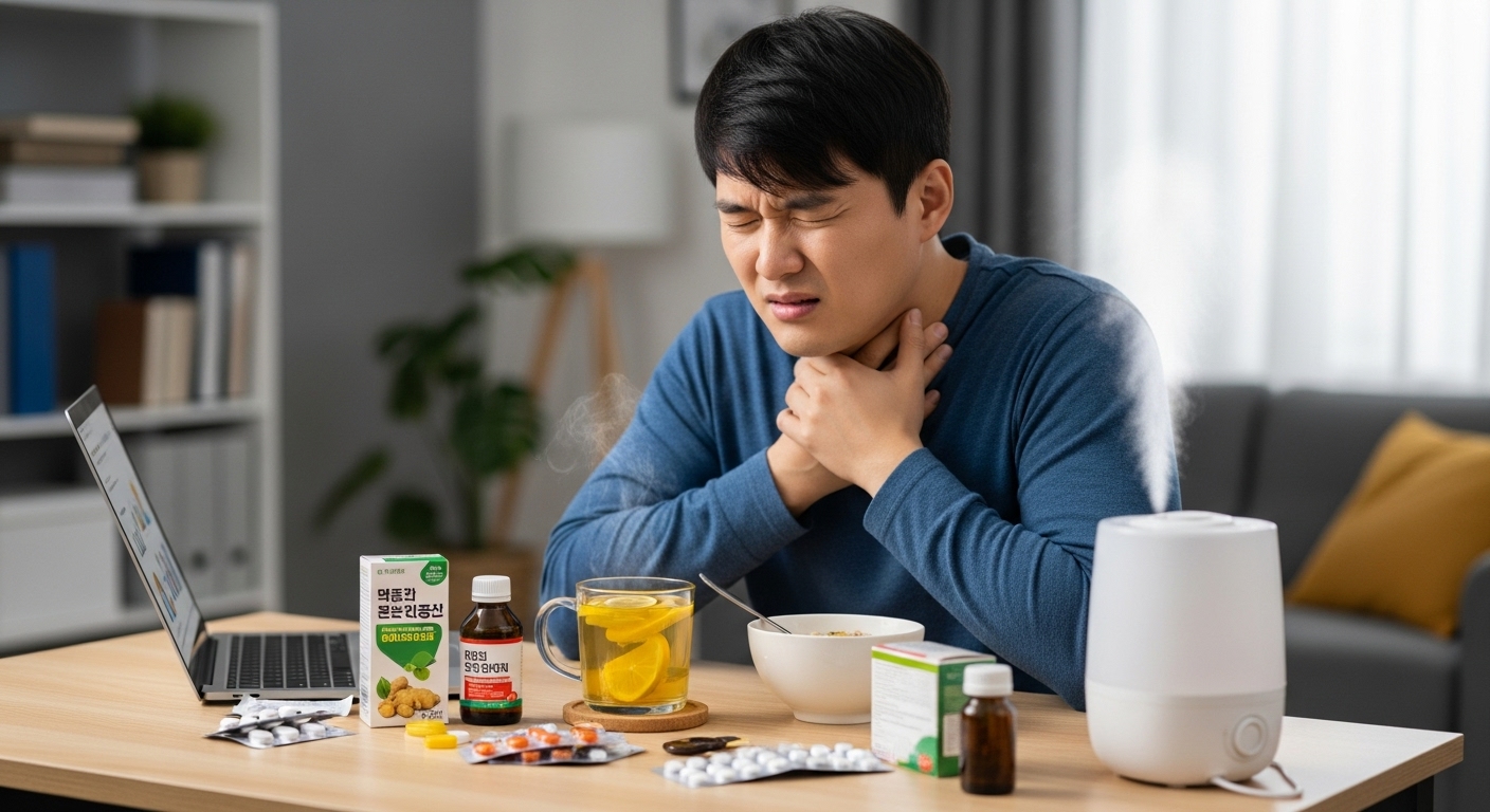 가정에서 다양한 민간요법과 의약품에 둘러싸여 앉아 있는 남성이 목의 불편함을 느끼고 있는 모습