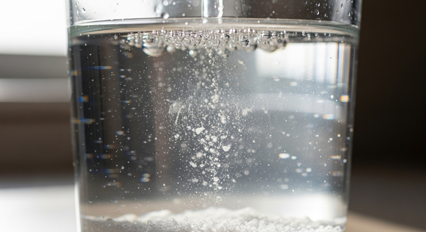 물에 녹아가는 소금 알갱이가 강조된 소금물 용액을 준비하는 장면