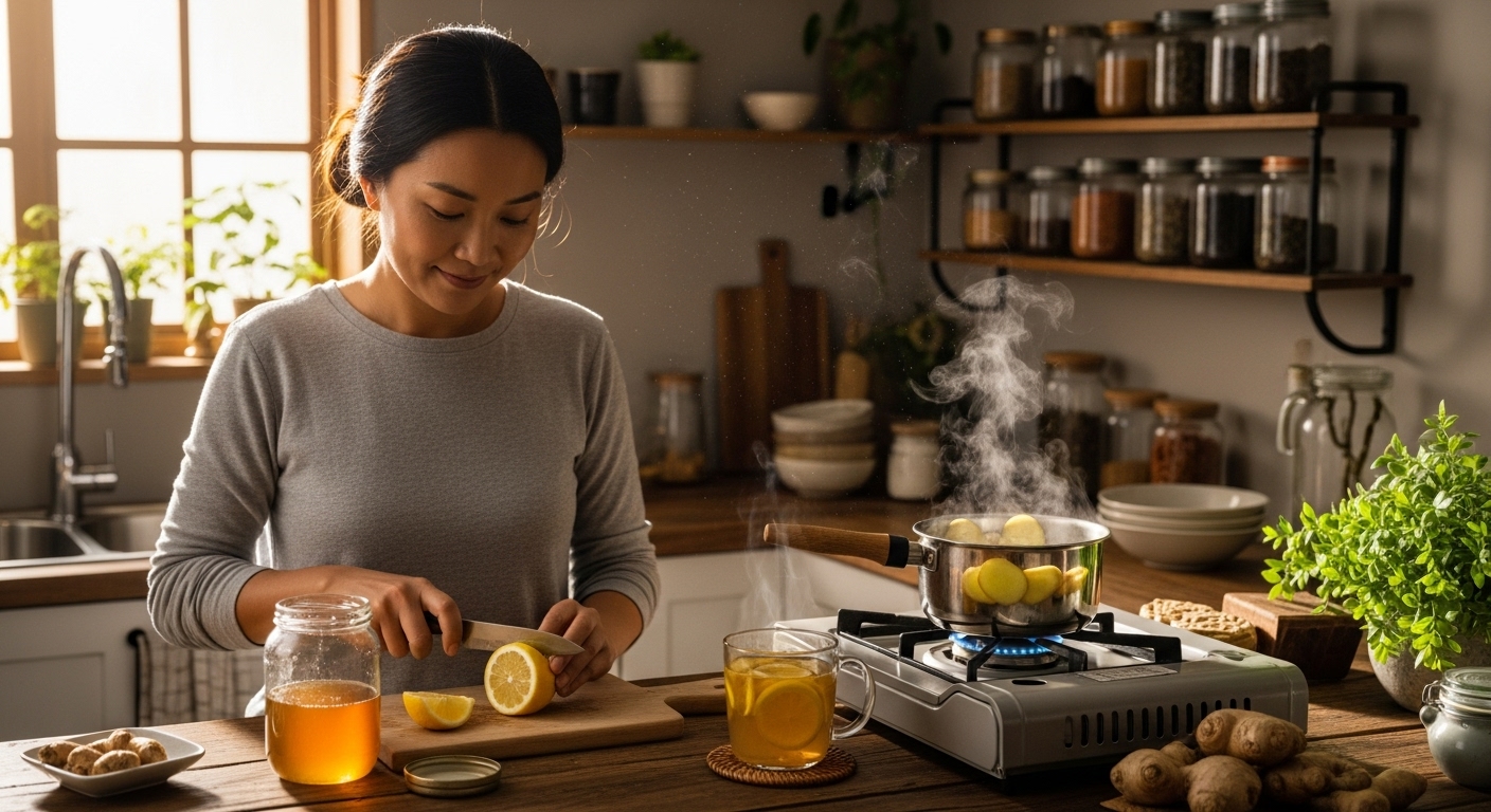 아늑한 주방에서 꿀 레몬 차와 생강차를 준비하는 여자의 모습