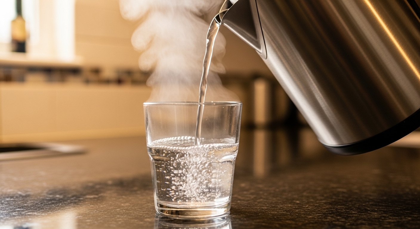 부엌 조리대 위에서 주전자로부터 따뜻한 물이 유리컵에 따르고 있는 장면
