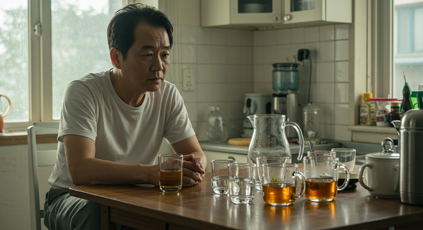 주방 테이블에 앉아 물과 보리차를 앞에 두고 있는 중년 남성