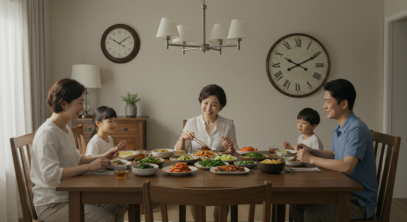저녁 6시경 가족이 함께 건강한 저녁 식사를 하는 모습