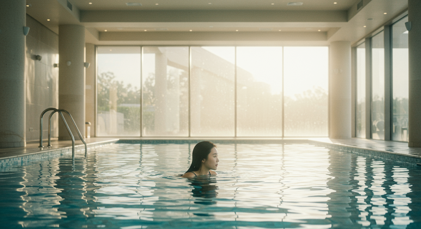 실내 수영장에서 수영을 하고 있는 여성