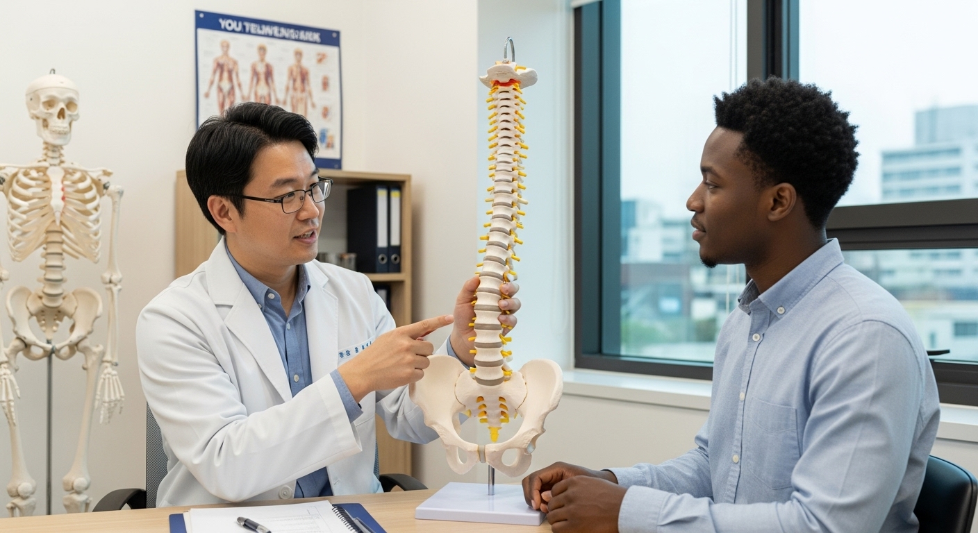 의사가 척추와 골반 구조를 설명하는 모습