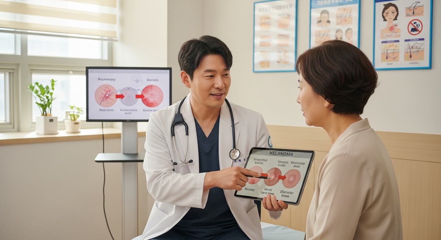 병원에서 환자에게 흑색종에 대해 설명하는 의사