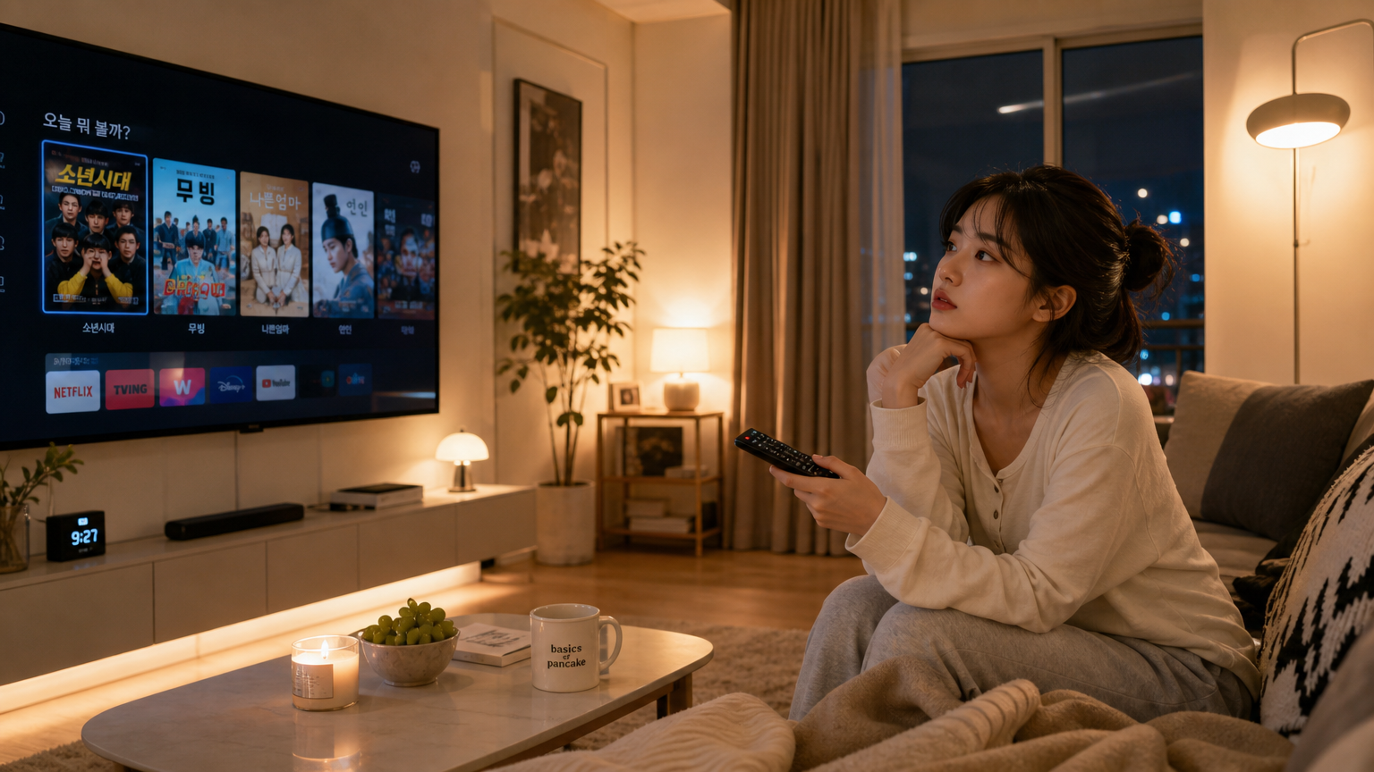 젊은 여성이 거실 소파에 앉아 리모컨을 들고 TV 프로그램을 고민하는 모습