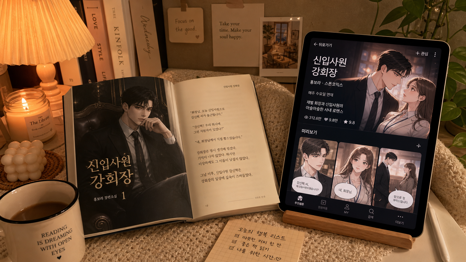 따뜻한 조명 아래 펼쳐진 책과 태블릿에 보이는 원작 웹소설 및 웹툰 버전