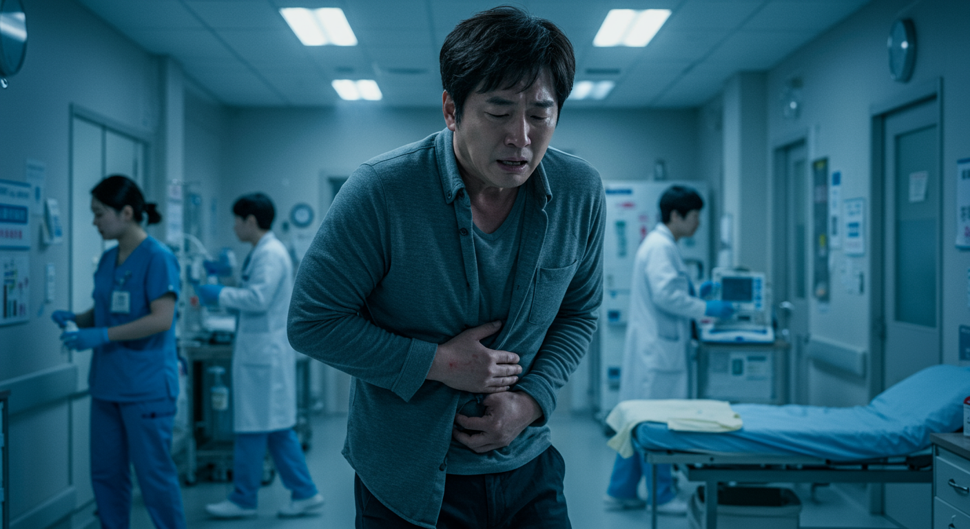 현대식 병원 응급실에서 갑작스러운 복통을 호소하는 남성