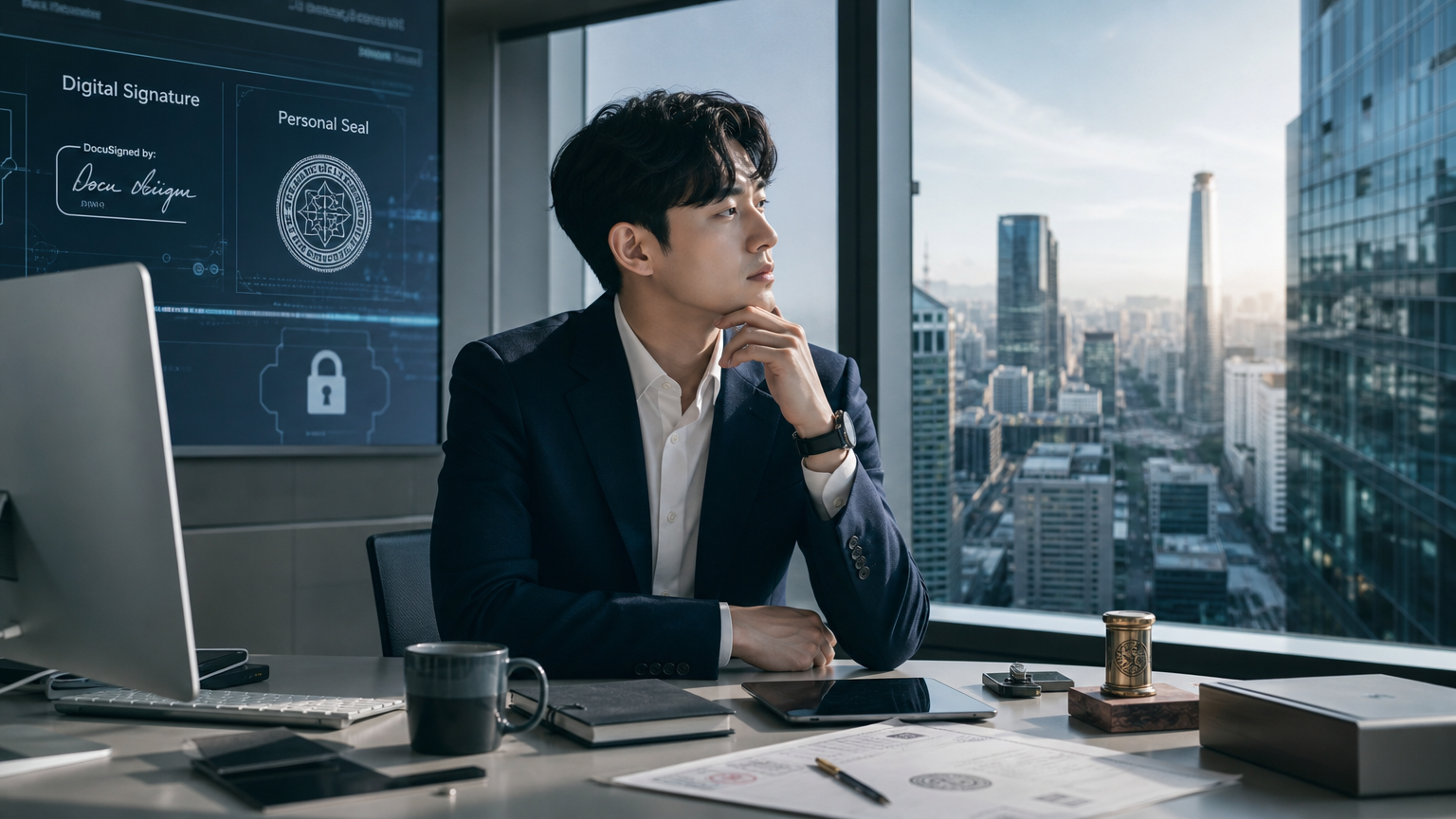 도시 속에서 개인 도장과 디지털 서명을 고민하는 현대 한국 직장인의 모습