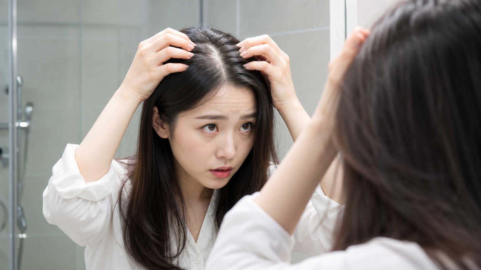 거울을 보며 두피 상태를 걱정하는 현대 여성의 모습