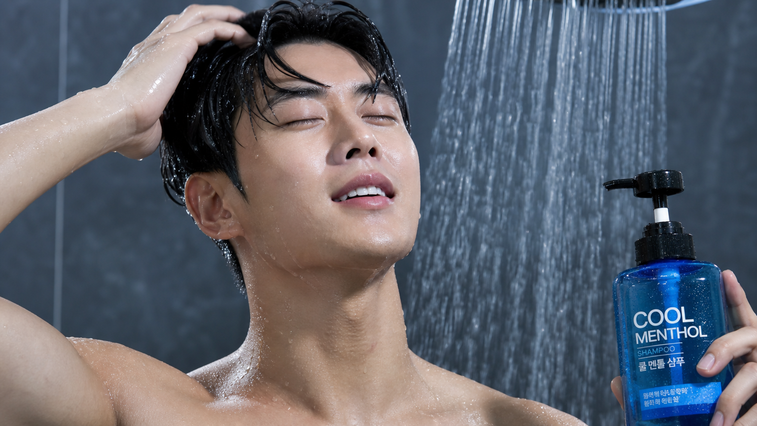 멘톨 샴푸 사용 후 시원함을 느끼는 젊은 남성