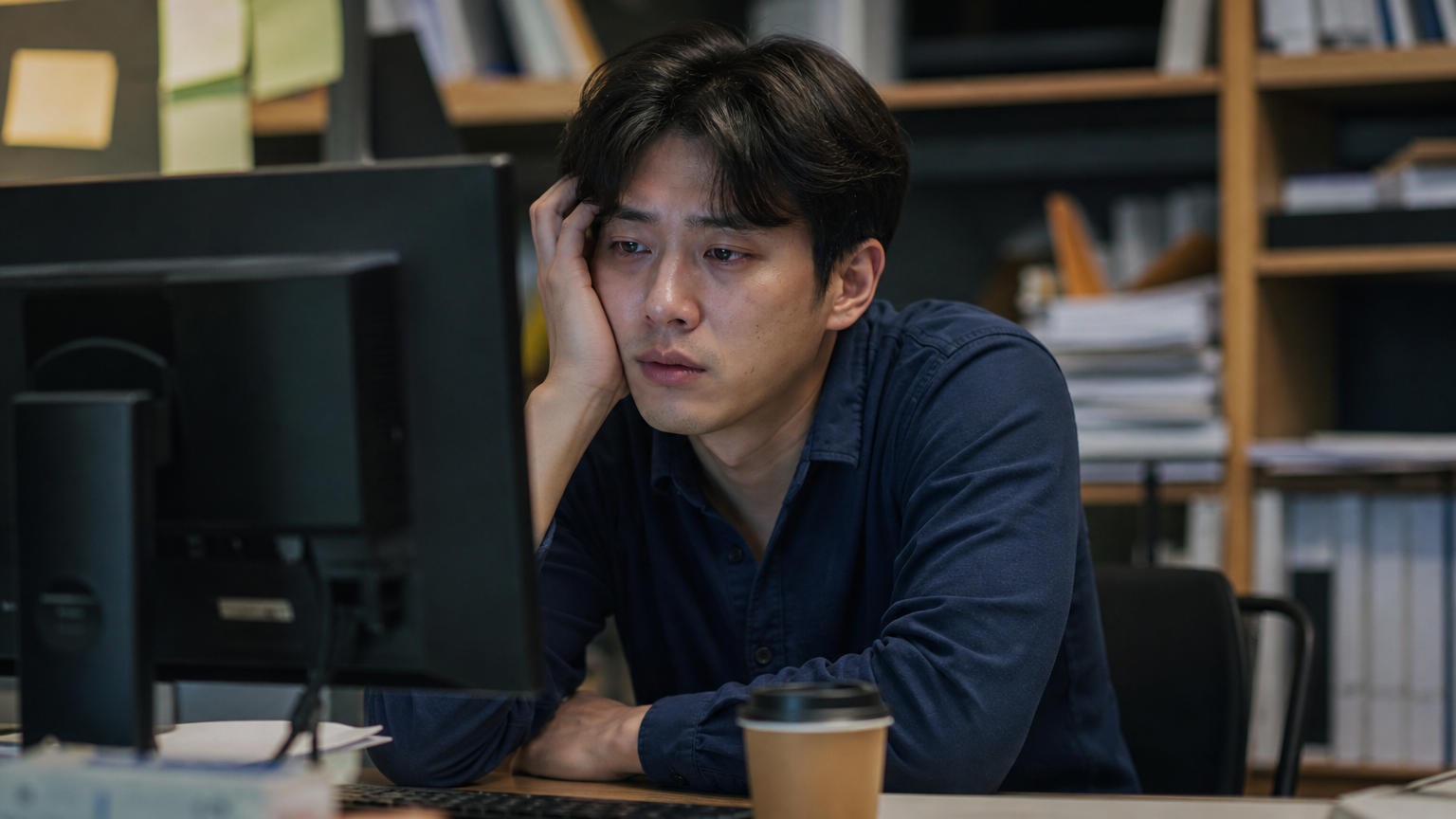 피곤해 보이는 현대 한국 남성이 책상 앞에 앉아 있는 모습