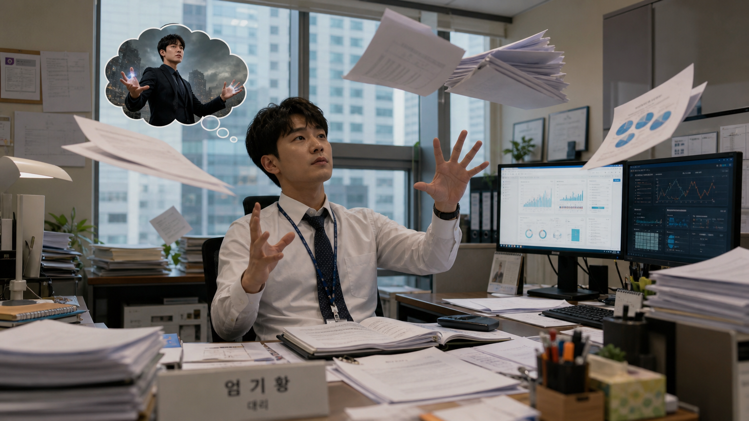 책상 위 서류들과 컴퓨터 화면이 가득한 사무실에서 염력을 상상하는 한국 직장인