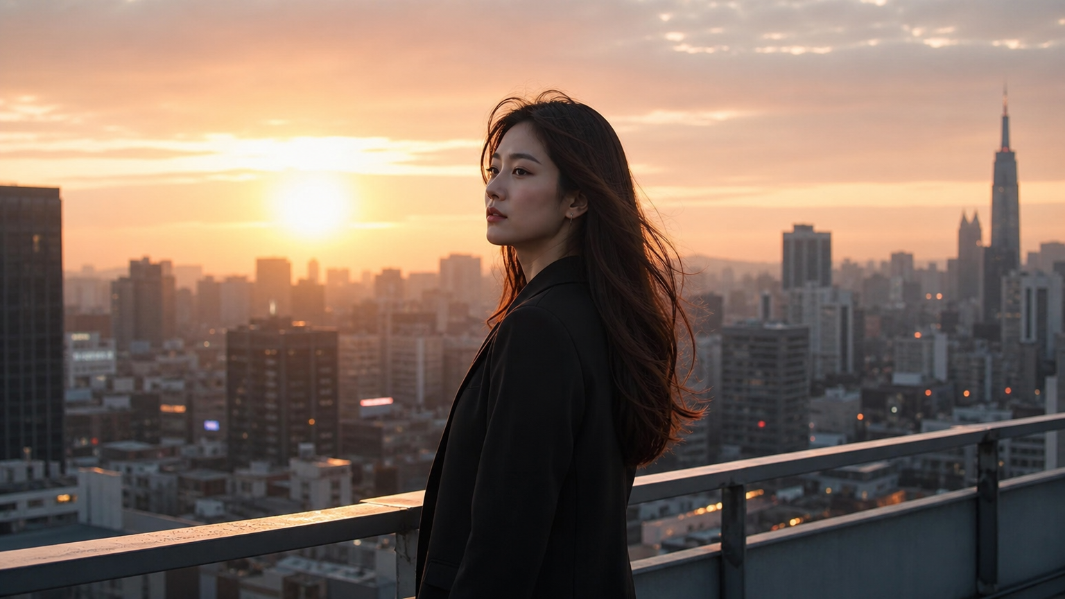 도심 풍경을 배경으로 루프탑에 서 있는 현대 한국 여성의 실루엣