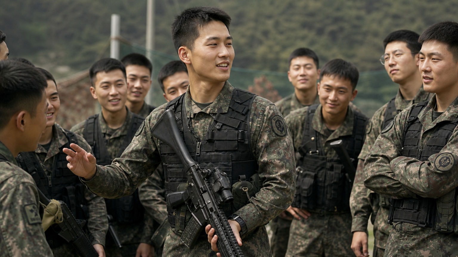 군복을 입고 자신감 있게 동료들을 이끄는 젊은 남성의 리더십 있는 모습