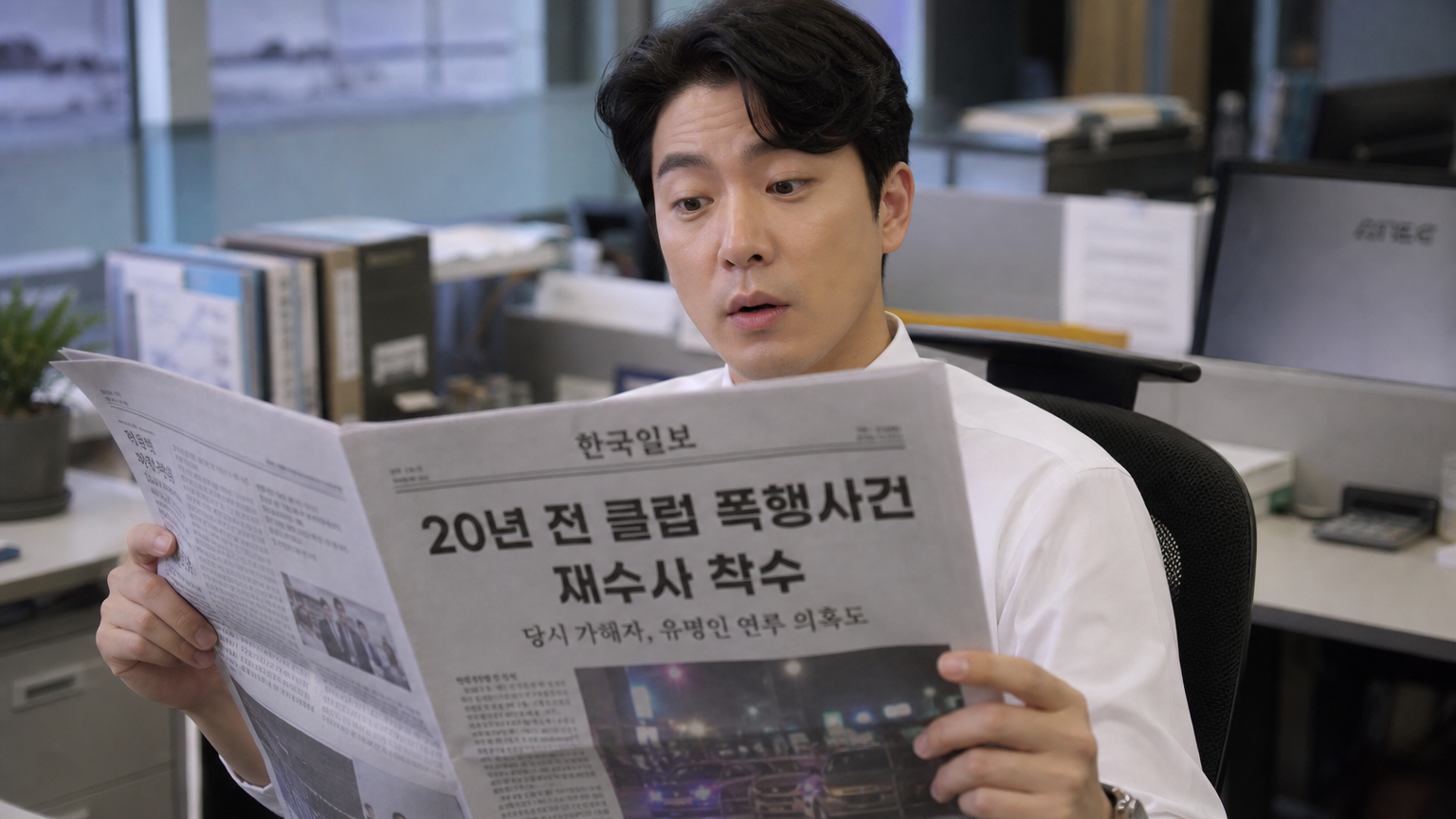 현대 사무실에서 오래된 사건의 부활에 대한 신문을 읽고 있는 직장인의 모습