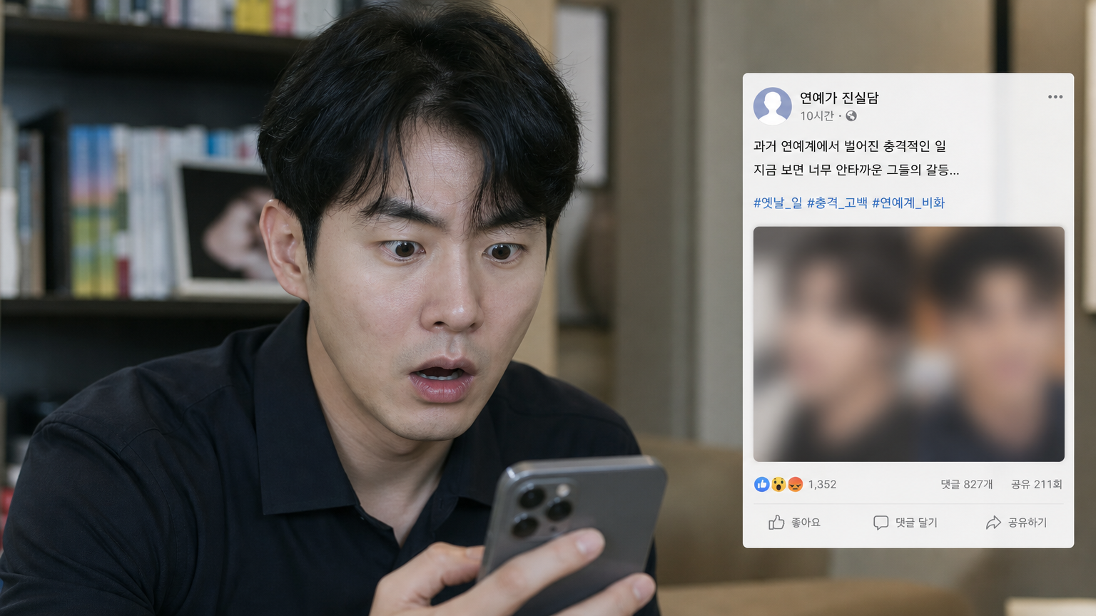 과거 유명인 갈등에 대한 논란이 된 소셜 미디어 게시물을 보고 놀라는 현대 한국 남성