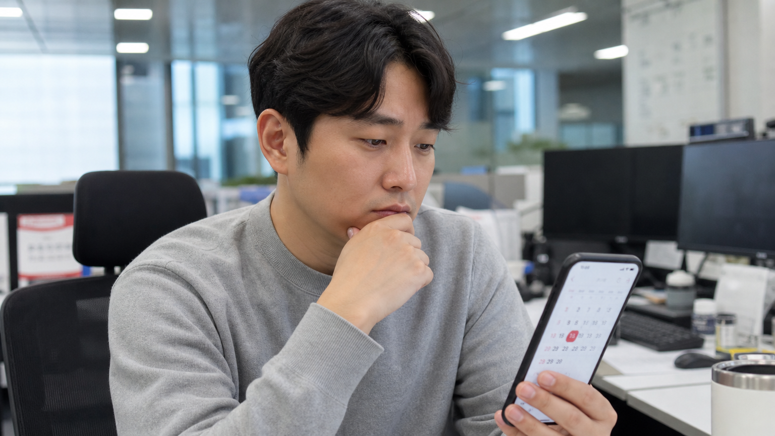 한국 사무실에서 근무하는 직장인이 스마트폰으로 달력을 보며 임시공휴일 가능성을 생각하는 모습