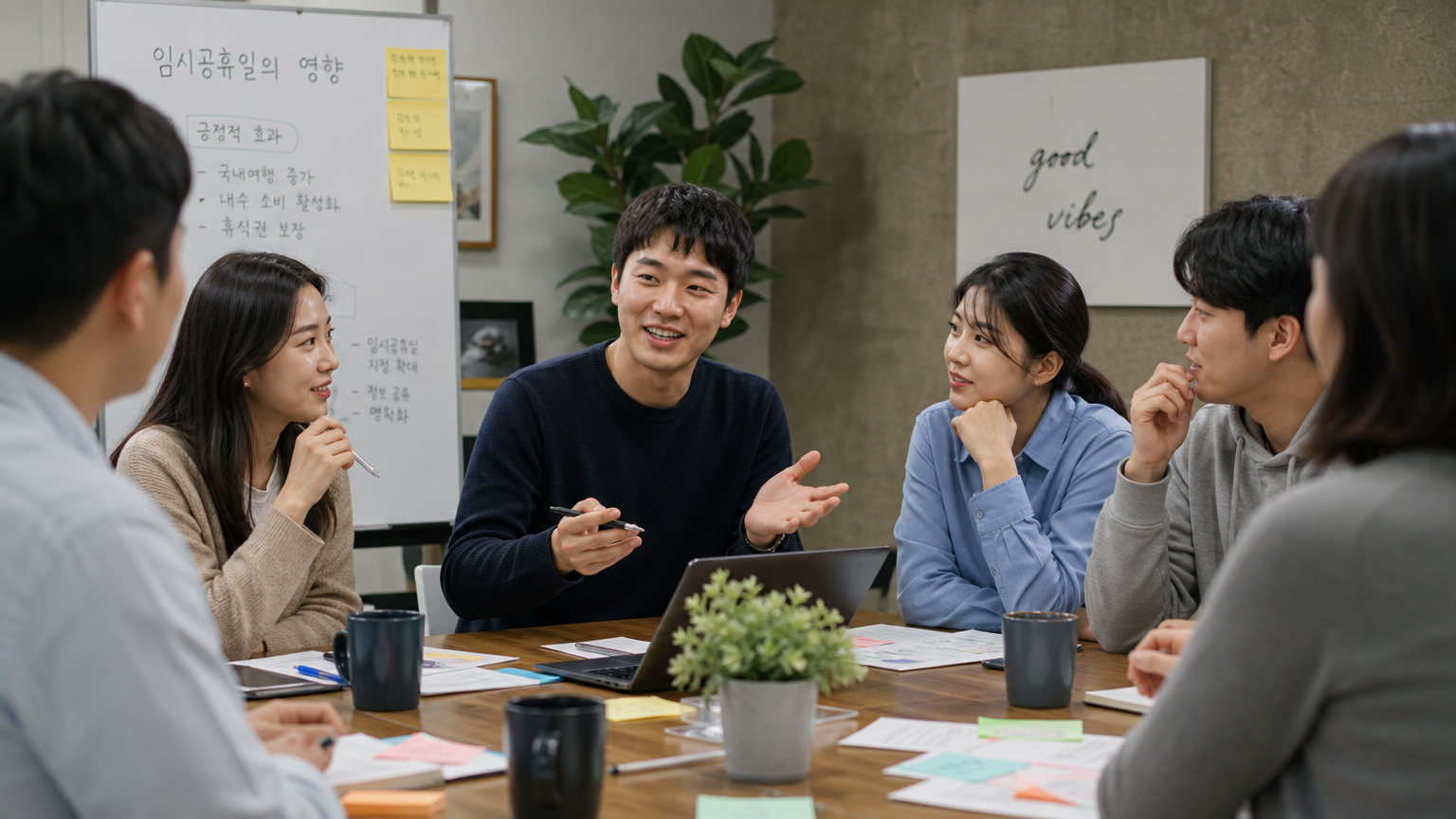 다양한 배경의 한국인들이 모여 임시공휴일의 영향을 토론하는 장면